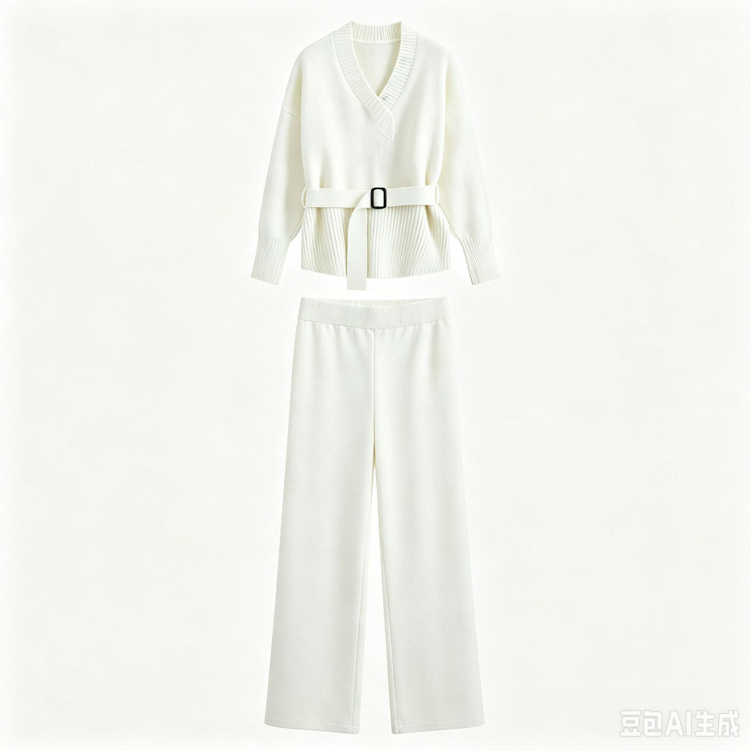 Damen Strick-Set mit V‑Ausschnitt, Taillengürtel und weiten Culotte-Hosen Echo Archiv