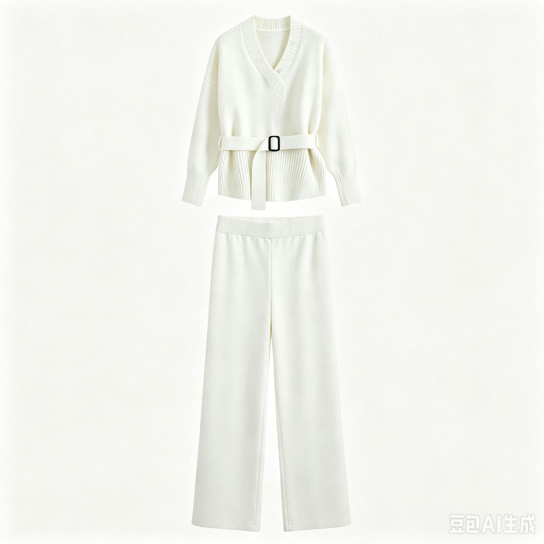 Damen Strick-Set mit V‑Ausschnitt, Taillengürtel und weiten Culotte-Hosen Echo Archiv