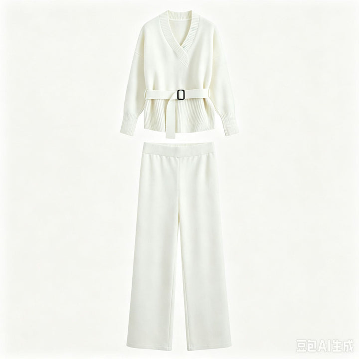 Damen Strick-Set mit V‑Ausschnitt, Taillengürtel und weiten Culotte-Hosen Echo Archiv
