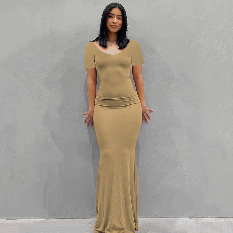 Damen Körperbetontes Maxi‑Jerseykleid mit taillierter Drapierung, langen Ärmeln und ausgestelltem Saum – Valéora