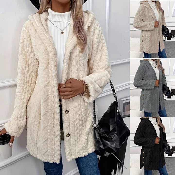 Damen nan kuschelige Teddy-Mantel mit Kapuze, Knopfleiste und Taschen Echo Archiv