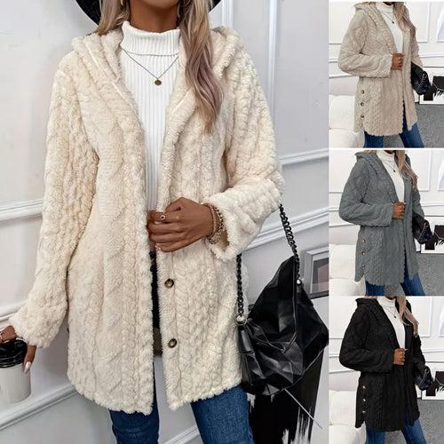 Damen nan kuschelige Teddy-Mantel mit Kapuze, Knopfleiste und Taschen Echo Archiv