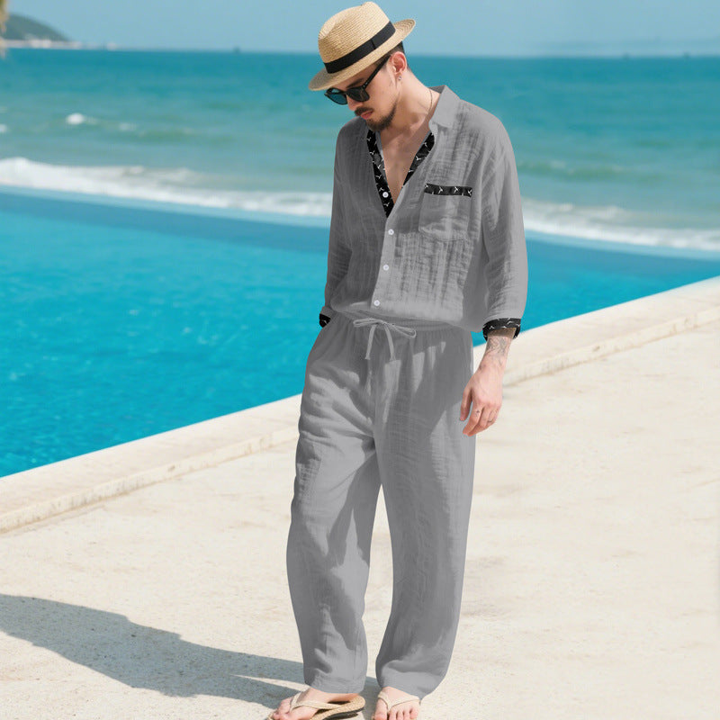 Herren Leinenoptik-Loungewear-Set mit Kordelzughose und offenem Hemdjacke – Averon