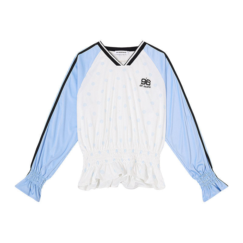 Damen Sportives Langarmshirt mit Raglanärmeln, gesmoktem Taillenbund und V-Ausschnitt Echoarchiv