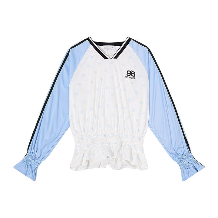 Damen Sportives Langarmshirt mit Raglanärmeln, gesmoktem Taillenbund und V-Ausschnitt Echoarchiv