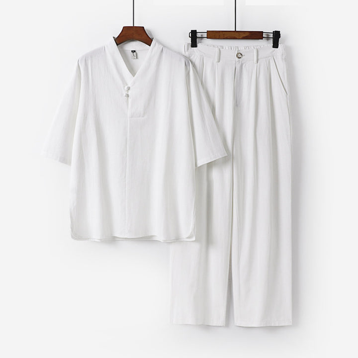 Herren Zweiteiliges Leichtes Kimono-Loungewear-Set mit Stehkragen Knotenverschluss Kurzarm und weiter Bundhose Echoarchiv