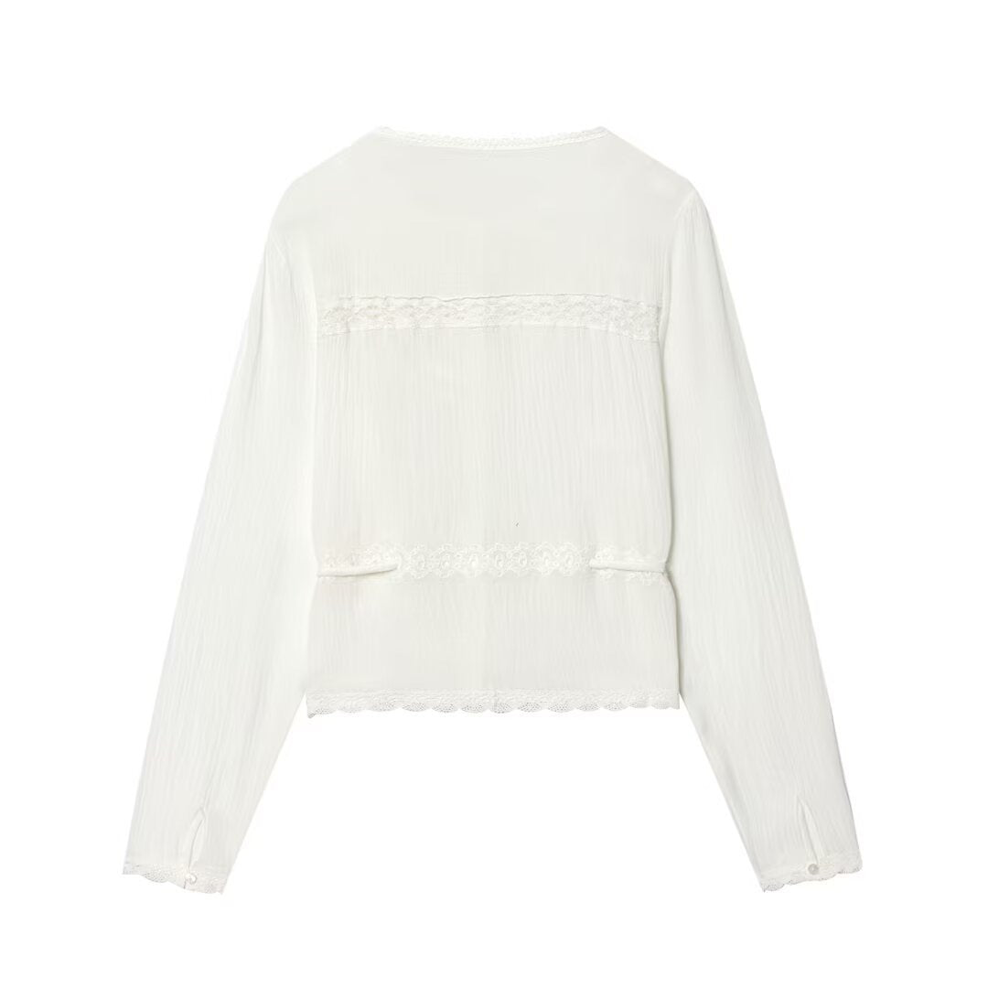 Damen Leichte Stickerei‑Bluse mit Spitzenkragen, Bindeband‑Taillierung und Knopfleiste Echo Archiv