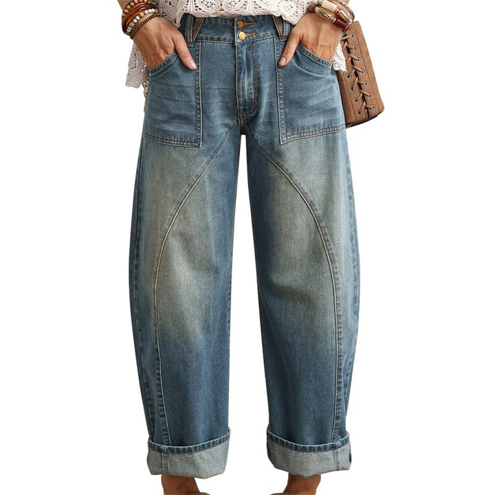 Damen Weite hochgeschnittene Jeans mit geschwungenen Nahtdetails und aufgesetzten Taschen Echo Archiv