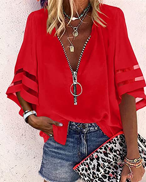 Damen V‑Ausschnitt Bluse mit dekorativem Ringreißverschluss und Cut-Out-Ärmeln Echo Archiv