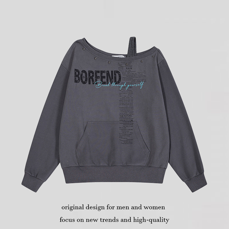 Damen Oversize-Sweatshirt mit asymmetrischem One-Shoulder-Träger, Kängurutasche und Nieten Echoarchiv