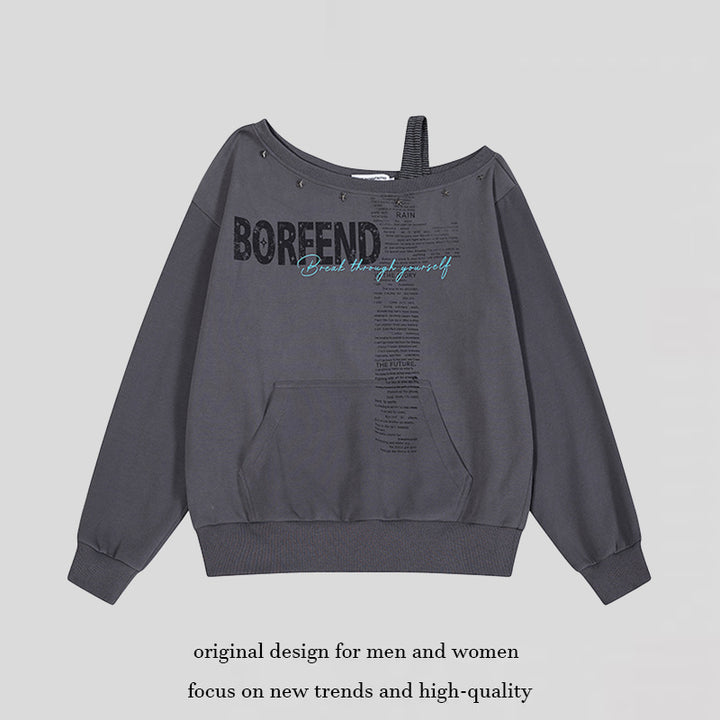 Damen Oversize-Sweatshirt mit asymmetrischem One-Shoulder-Träger, Kängurutasche und Nieten Echoarchiv