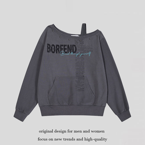 Damen Oversize-Sweatshirt mit asymmetrischem One-Shoulder-Träger, Kängurutasche und Nieten Echoarchiv