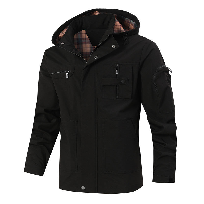 Herren Winddichte Softshelljacke mit Kapuze, kariertem Innenfutter und Multifunktionstaschen Echoarchiv