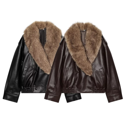 Damen Kurz geschnittene Biker-Lederjacke mit voluminösem Kunstpelz-Schalkragen Echo Archiv