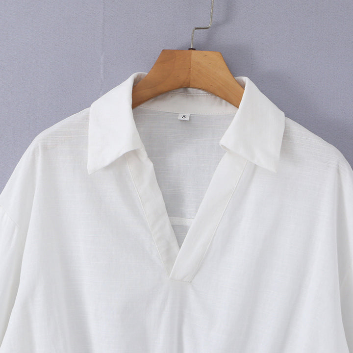 Damen lockere Baumwollbluse mit V-Ausschnitt, Hemdkragen und gerafftem Zipfelsaum – Élovi