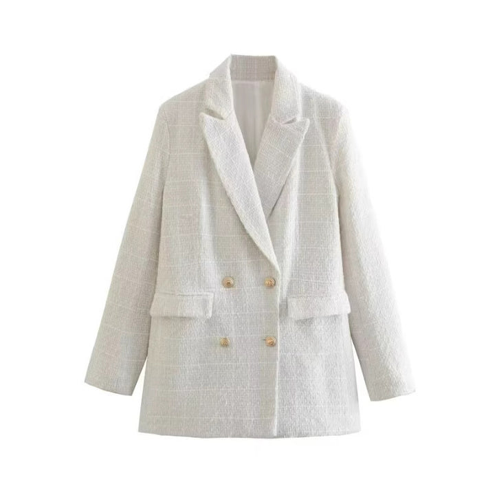 Damen Doppelreihiger Bouclé‑Tweed‑Blazer mit Schalkragen und Pattentaschen Echo Archiv