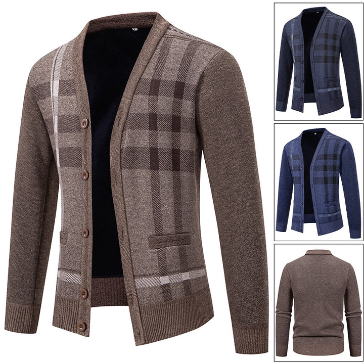 Herren stilvolle Strickjacke mit modernem Karomuster und praktischen Taschen Echoarchiv