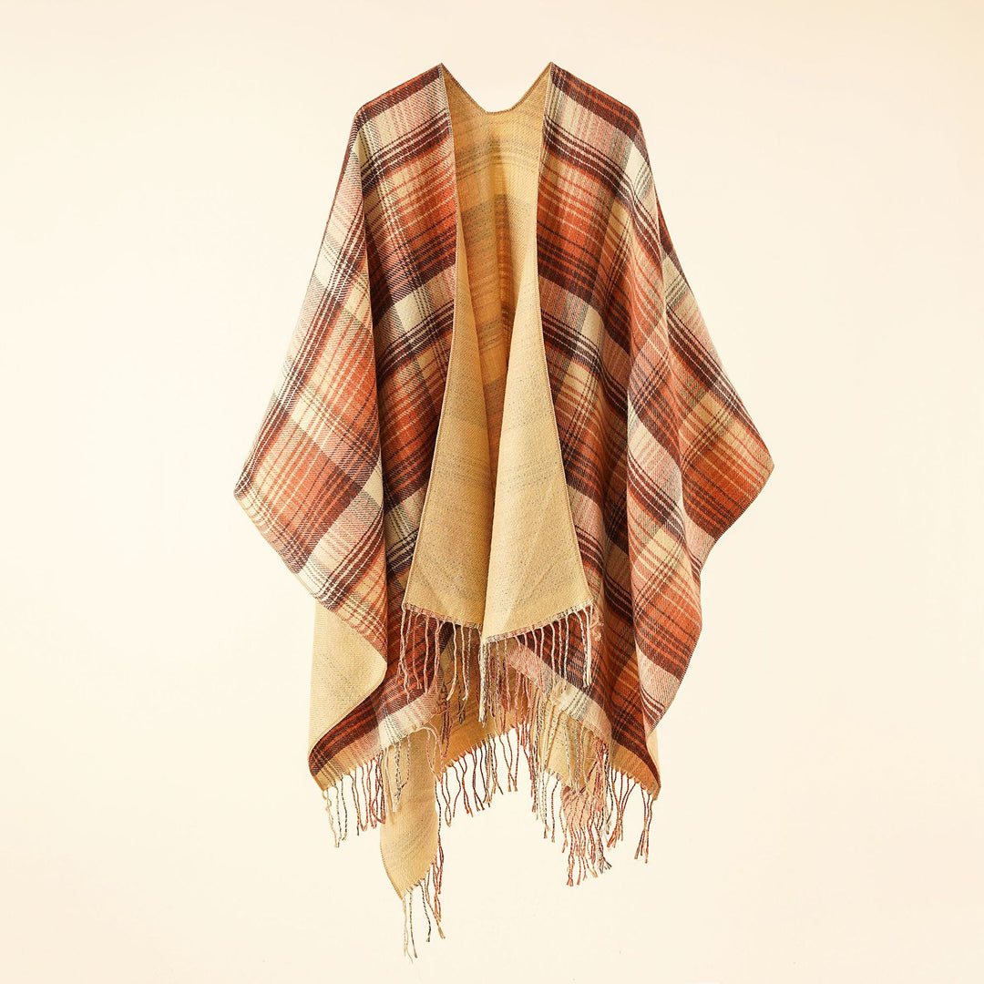 Damen Kastiger Plaid-Ruana aus leichtem Wollmix mit dekorativem Fransensaum – Avérine