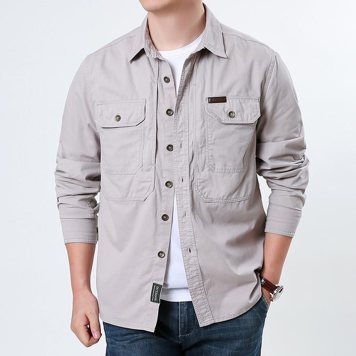 Herren nan lässige Utility-Hemdjacke aus Baumwoll-Twill mit zwei aufgesetzten Brusttaschen und knöpfbarer Front Echo Archiv