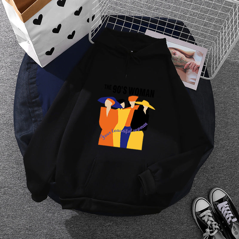 Damen weit geschnittener Kapuzenpullover mit Neunzigerjahre-Illustrationsprint, angerautem Fleece und Kängurutasche – Auréline