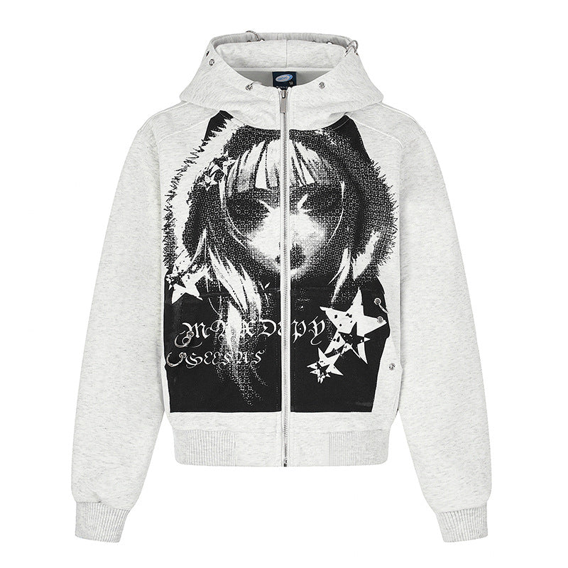 Damen Kapuzen‑Sweatjacke mit fotorealistischem Manga‑Frontprint, Fleece‑Futter und durchgehendem Reißverschluss Echoarchiv