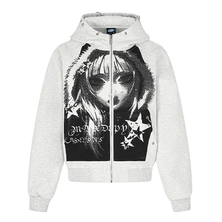 Damen Kapuzen‑Sweatjacke mit fotorealistischem Manga‑Frontprint, Fleece‑Futter und durchgehendem Reißverschluss Echoarchiv