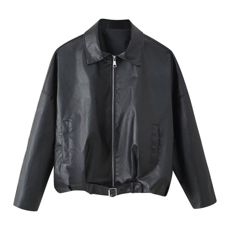 Unisex Oversize Kunstlederjacke mit Reißverschluss Hemdkragen und Taillengürtel Echo Archiv