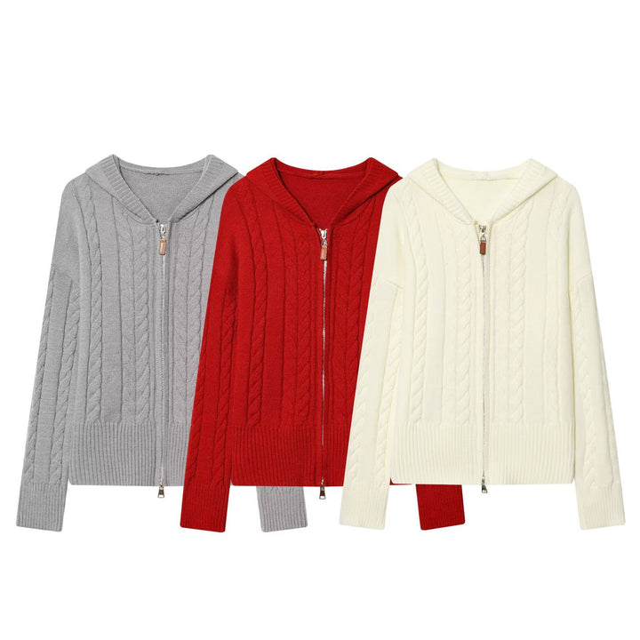 Damen Kapuzenstrickjacke mit Zopfstrickmuster und Metallreißverschluss Echo Archiv