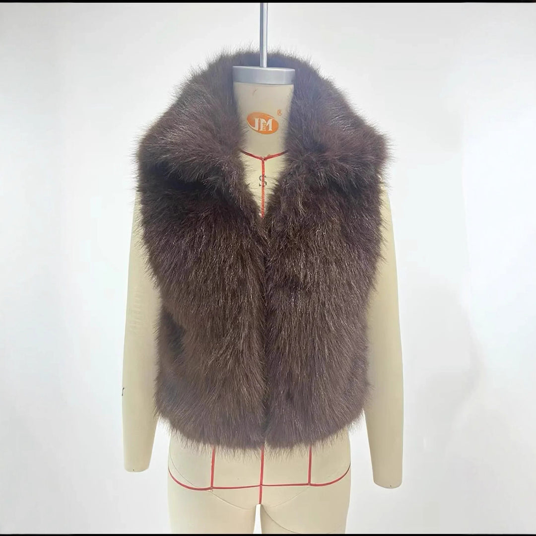 Damen luxuriöse Kunstfell-Weste mit voluminösem Schalkragen und verkürzter Silhouette – Célinea
