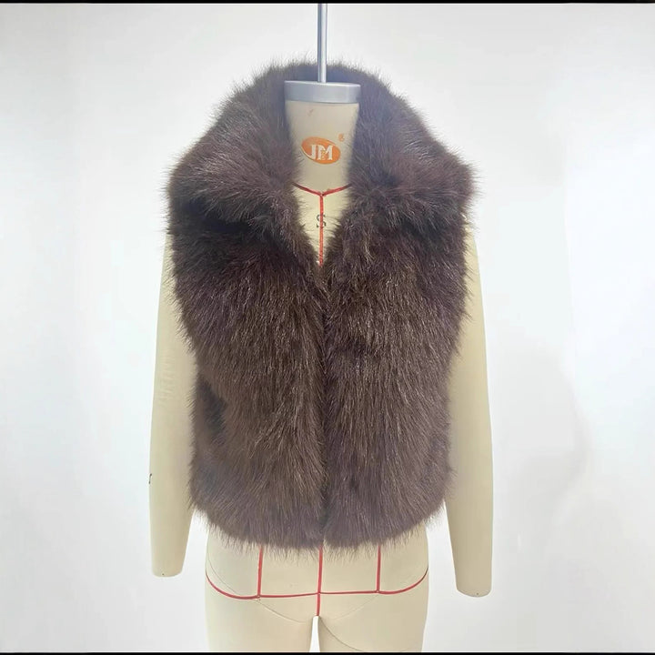Damen luxuriöse Kunstfell-Weste mit voluminösem Schalkragen und verkürzter Silhouette – Célinea