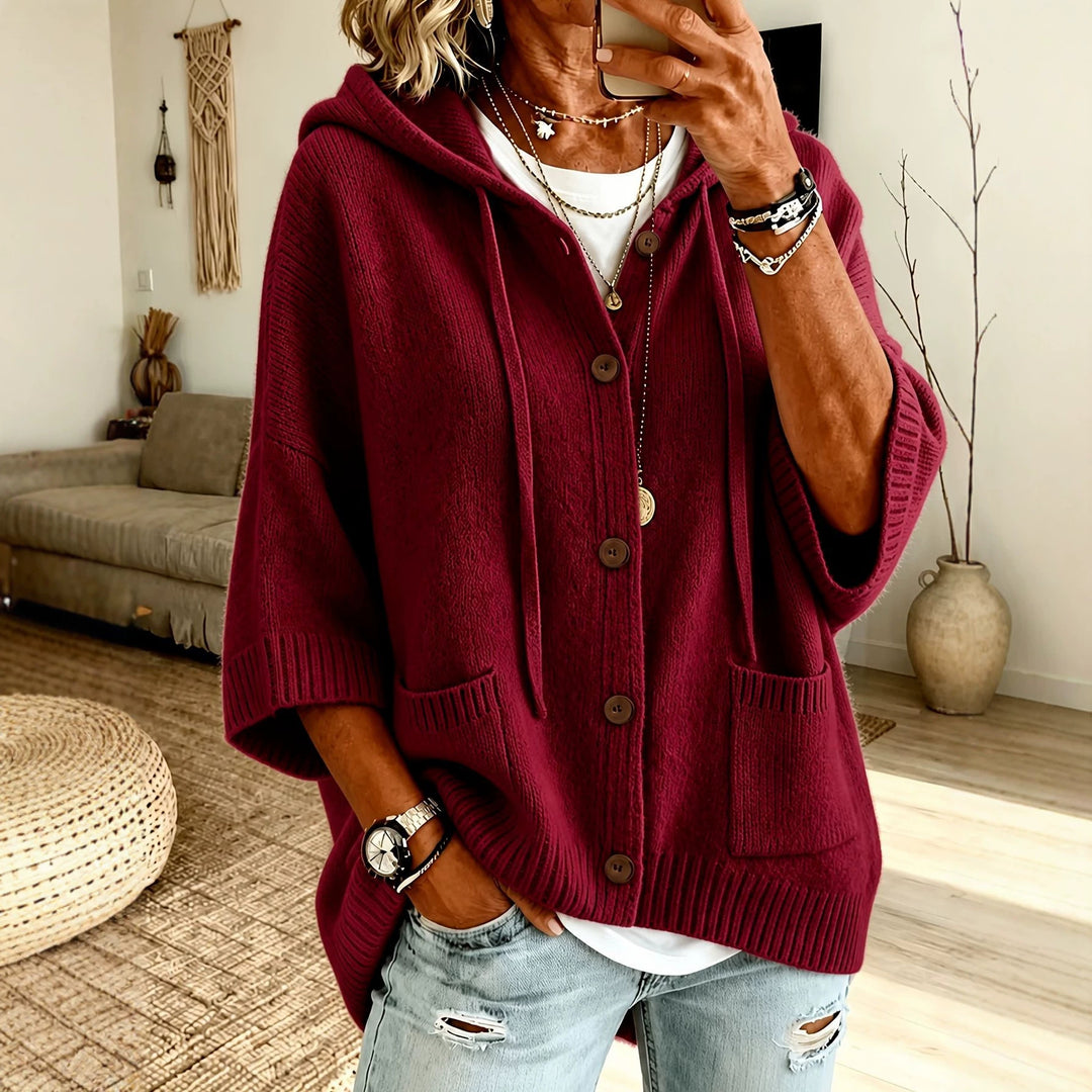 Damen Oversize Kapuzen-Cardigan mit Holzknöpfen und kastiger Silhouette – Veloura
