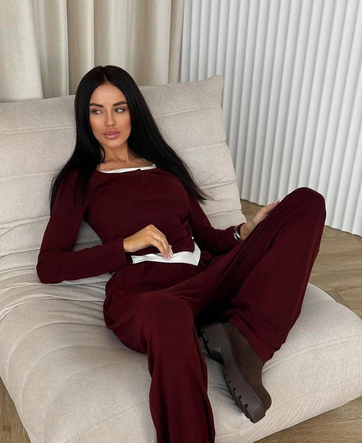 Damen Loungewear-Set aus weichem Modal mit Henley-Knopfleiste und weitem High‑Waist Loungehose – Élanora