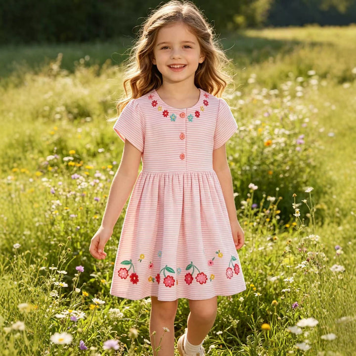 Damen niedliches, gestreiftes Sommerkleid mit Blumenstickerei Echo Archiv