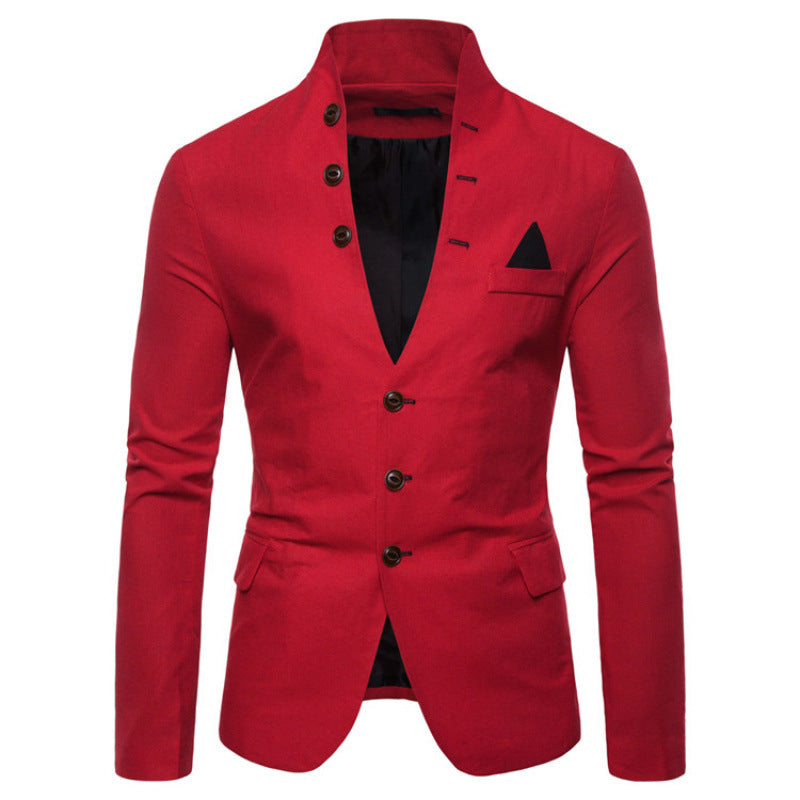 Herren eleganter Blazer mit modernem Stehkragen und ausgefallenen Knopfdetails Echoarchiv