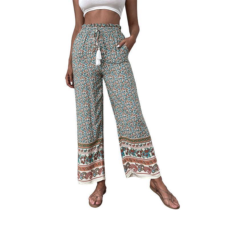 Damen Leichte Boho-Hose mit weitem Bein, elastischem Bund, Quasten-Kordel und Bordürendruck – Avélisse
