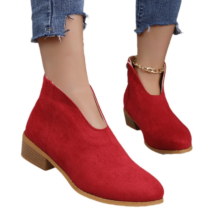 Damen nan V‑Ausschnitt Ankleboots aus Veloursoptik mit seitlichem Reißverschluss und niedriger Holzblocksohle Echo Archiv
