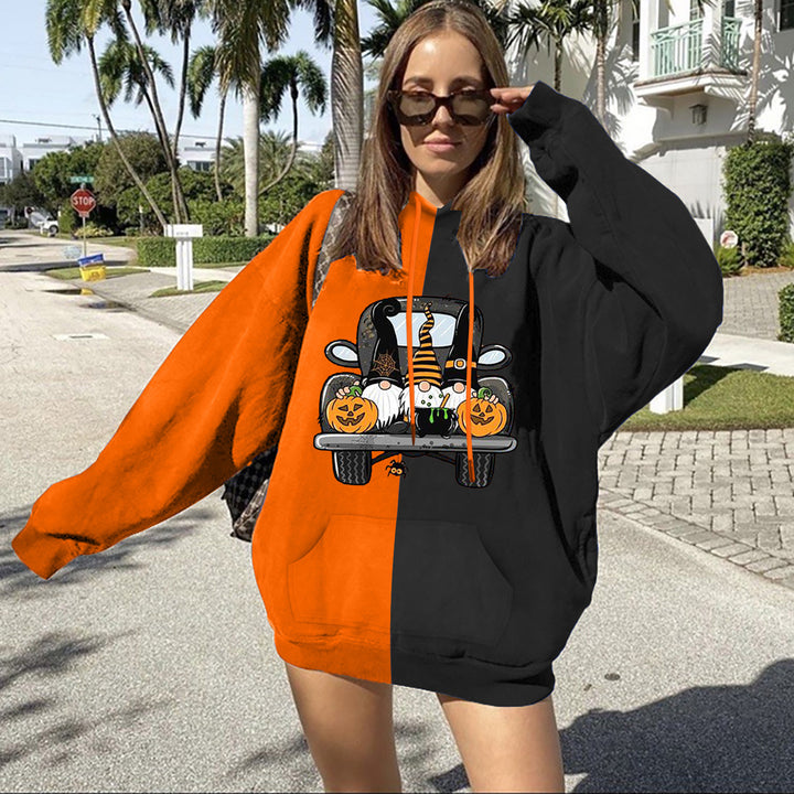 Damen Oversize Kapuzenpullover mit geteilter Block‑Optik und Halloween‑Wichtelprint – Auréline