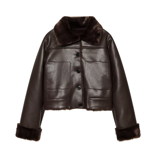 Damen Kurze wattierte Kunstlederjacke mit Teddy-Futter, Fellkragen und aufgesetzten Pattentaschen Echo Archiv
