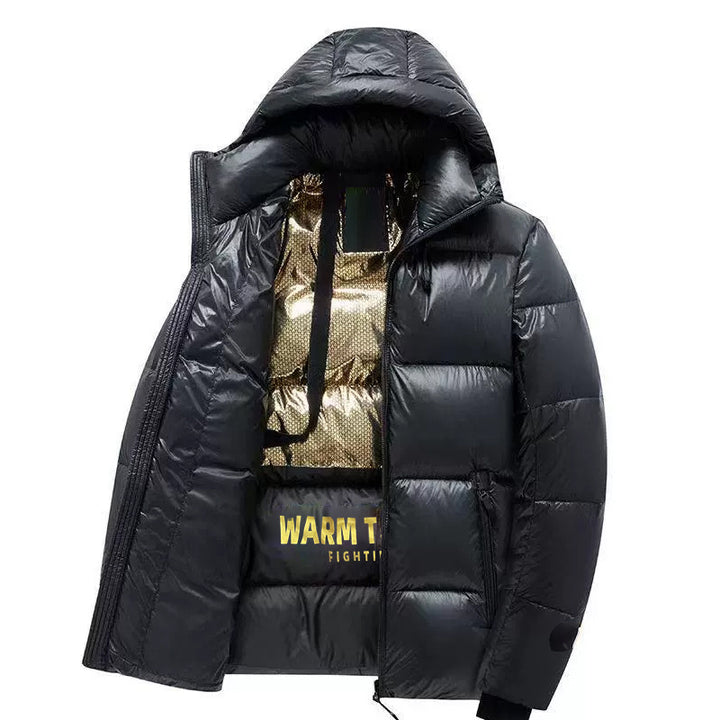 Herren glänzende Thermo-Steppjacke mit reflektierender Innenseite, Kapuze und wärmedämmender Füllung – Marzano