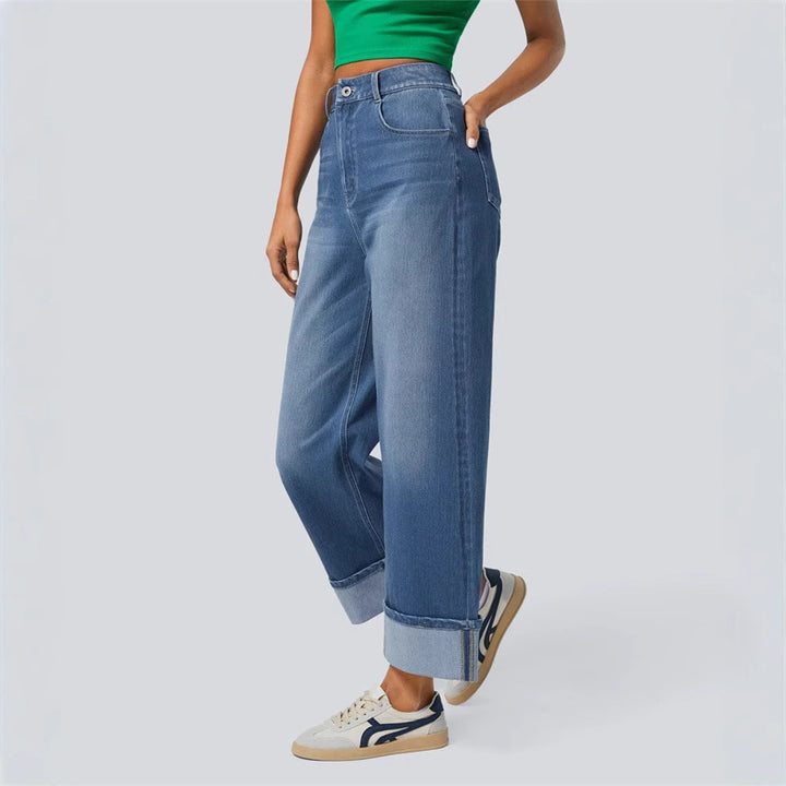 Damen nan hochgeschnittene weite Knöchellänge-Jeans mit breitem Umschlag und Fünf-Taschen-Schnitt Echo Archiv