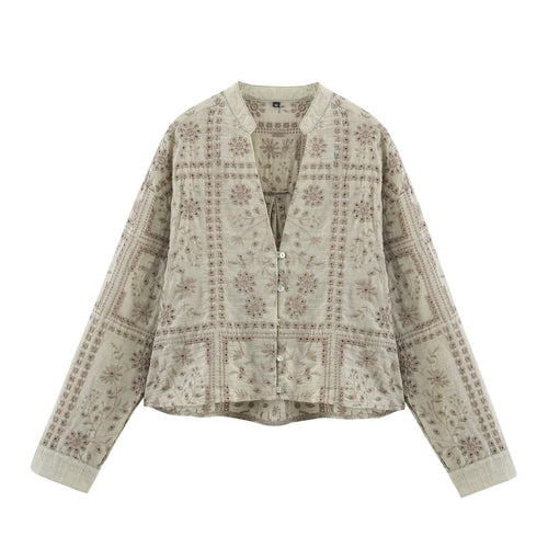Damen Bestickte V‑Neck Boxy‑Bluse‑Jacke mit Patchwork‑Stickerei Echo Archiv