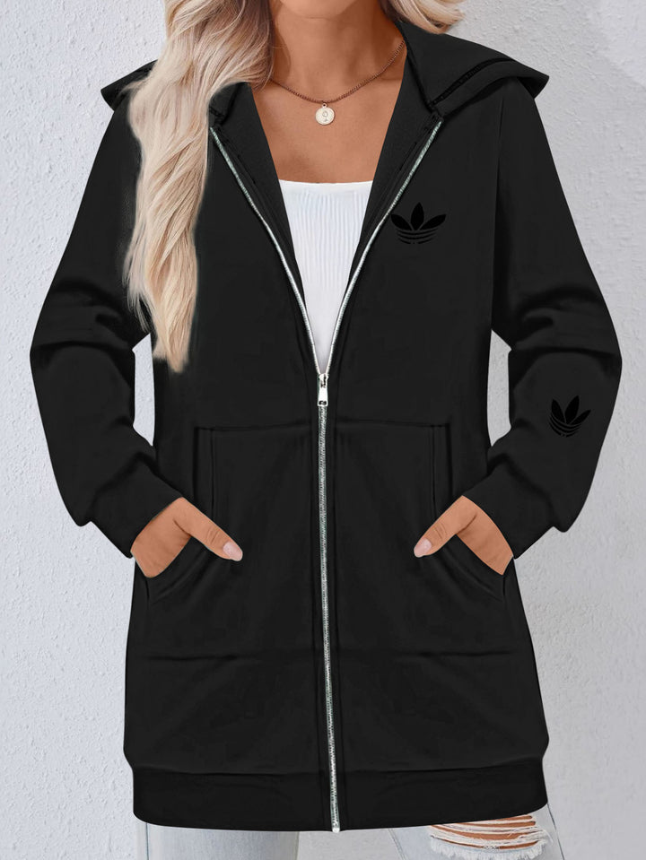 Damen Lange Kapuzen-Sweatjacke mit Metallreißverschluss, Kängurutaschen und figurumspielender Silhouette Echoarchiv