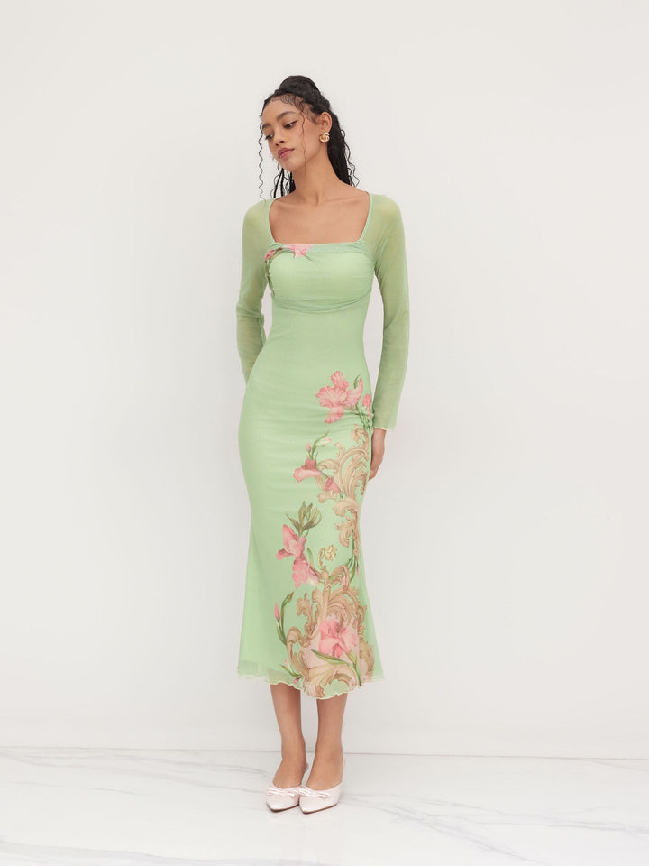 Damen elegantes Midikleid mit floralem Design und transparenten Longsleeves Echo Archiv
