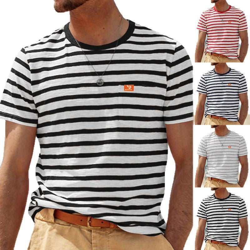 Herren nan lässiges gestreiftes Baumwoll-Jersey T-Shirt mit Rundhalsausschnitt und unaufdringlichem Logo-Patch Echo Archiv