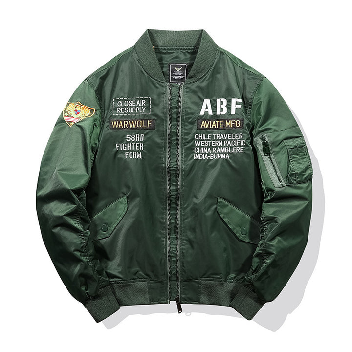Herren Piloten-Bomberjacke im Vintage-Militärlook mit aufgestickten Patches und Ärmel-Utilitytasche Echo Archiv