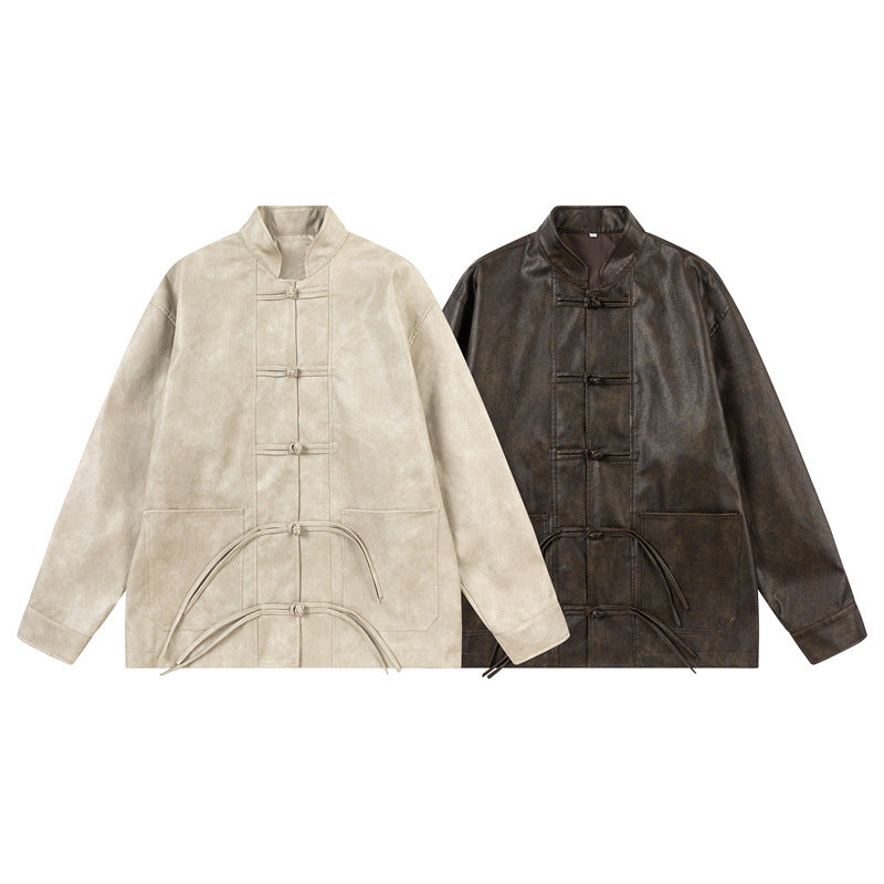 Unisex Asiatisch inspiriertes Oversize-Jackett mit Mandarinkragen und Knotenverschlüssen Echoarchiv