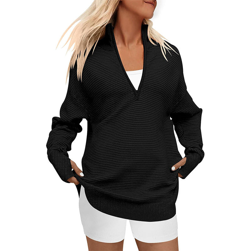 Damen Oversize-Feinstrickpullover mit halbem Reißverschluss, Stehkrragen und Daumenloch-Ärmeln Echo Archiv