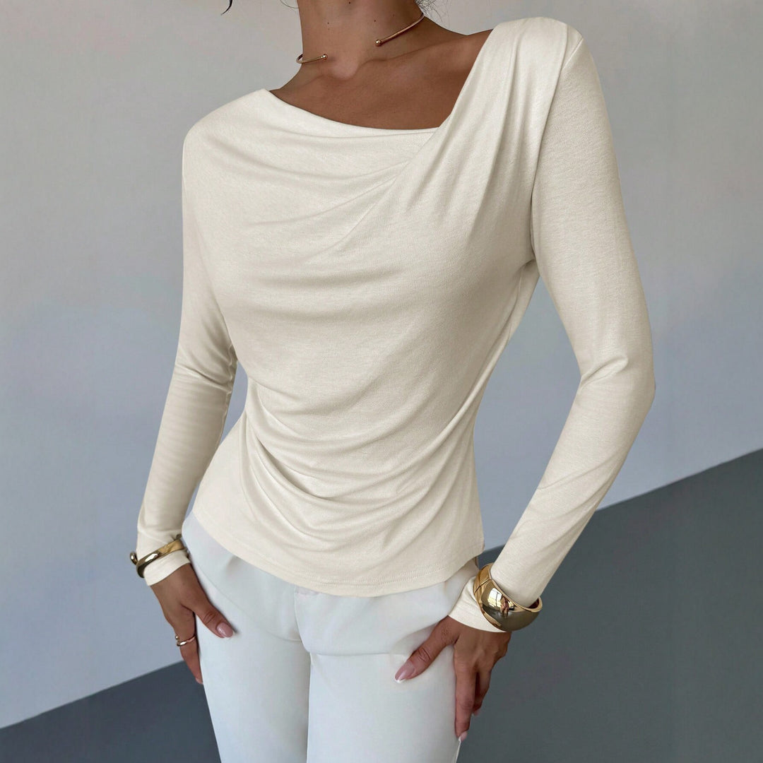 Damen elegantes drapiertes Langarm-Top mit Wasserfallkragen und taillierter Silhouette – Avérine