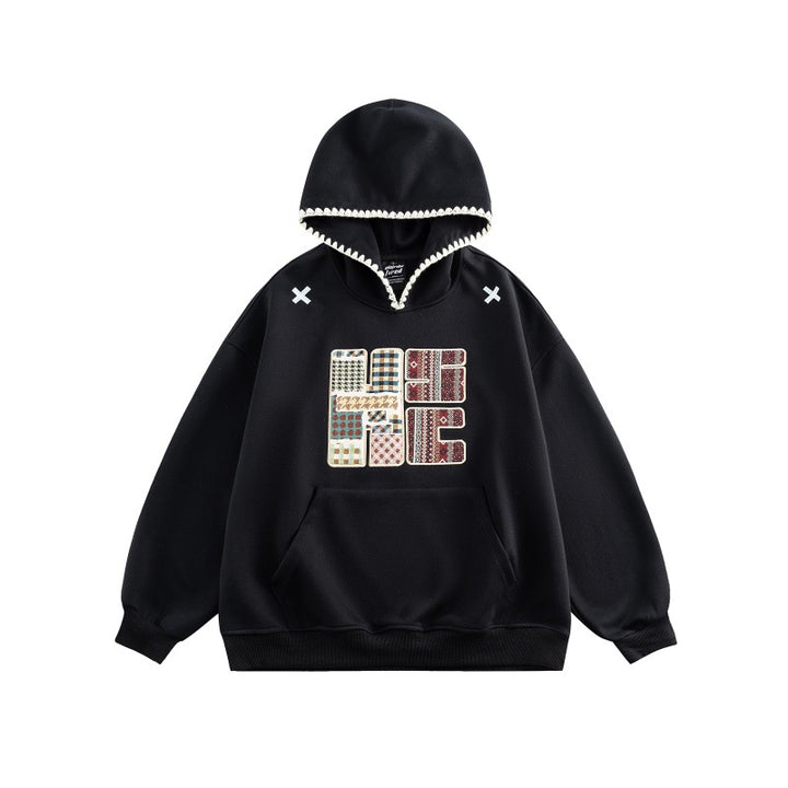 Unisex Weit geschnittener Kapuzenpullover mit Patchwork-Applikation und Kängurutasche Echoarchiv