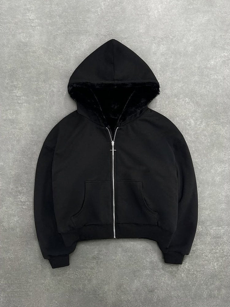 Unisex Kapuzen-Sweatjacke mit Kunstfellfutter, verkürztem Schnitt und Kreuz-Reißverschluss Echo Archiv